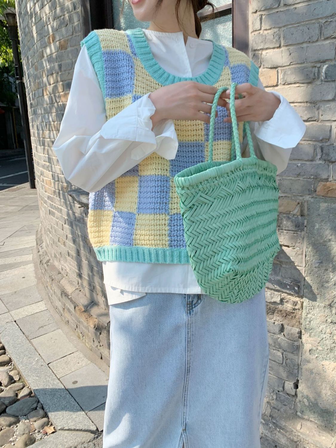 Blue & Yellow Checkered Crochet Sweater Vest