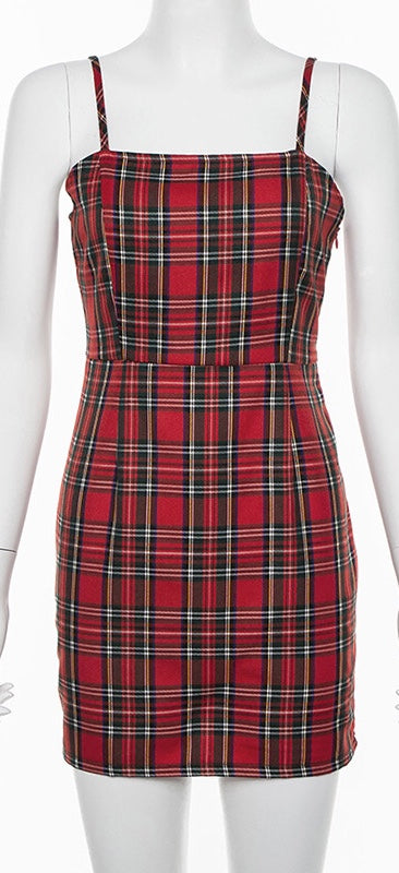 Cute Sexy Red Plaid Checkered Mini Dress Party Bodycon E-Girl Kawaii Korean Japanese Harajuku Chinese Retro Streetwear Aesthetic