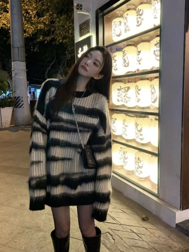 Black Stripe Knit Oversized Sweater