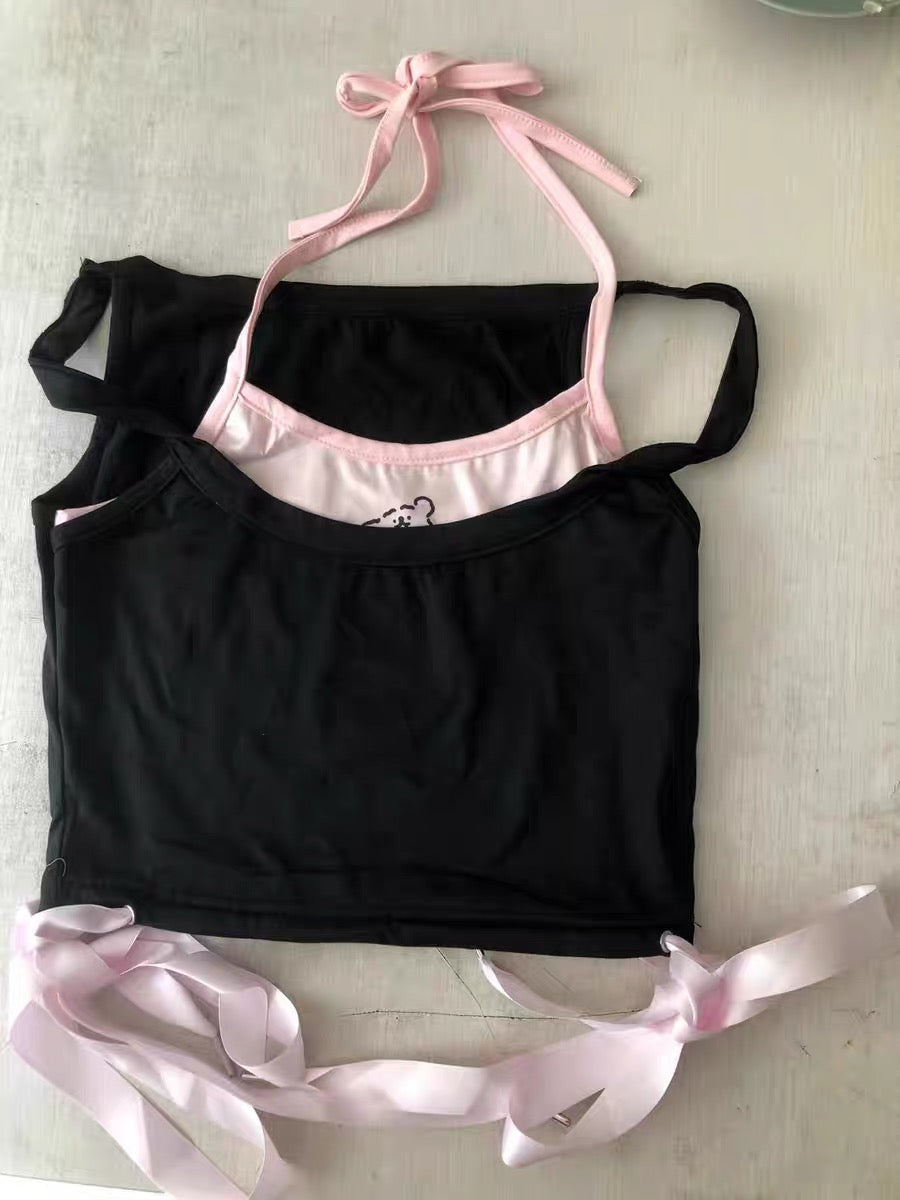 2PCS Dog Print Bow Tie Halter Top