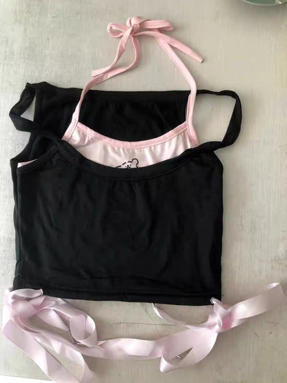 2PCS Dog Print Bow Tie Halter Top