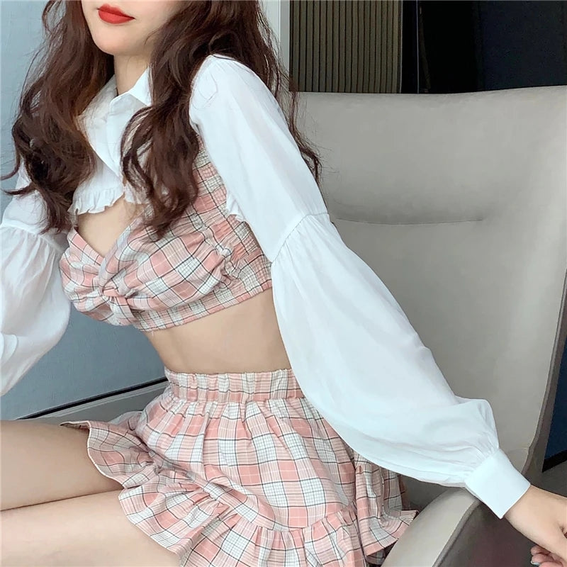 Cute 3 Piece Pink Plaid Gingham Print Set White Blouse With Crop Top And High Waist Ruffles Skirt Summer E-Girl Kawaii Korean Japanese Harajuku
