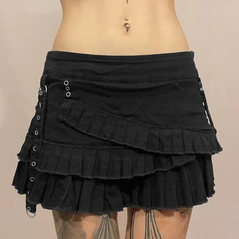 Black Denim Pleated Low Waist Irregular Mini Skirt