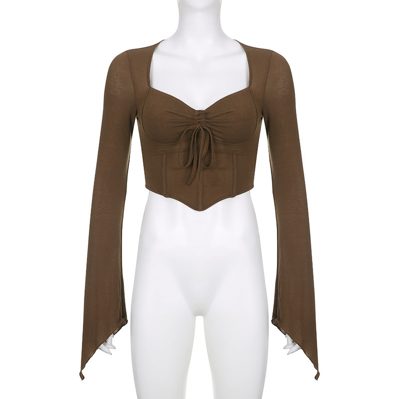 Brown Drawstring Long Sleeve Flare Crop Top