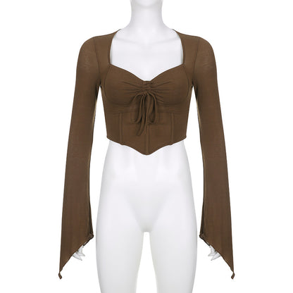 Brown Drawstring Long Sleeve Flare Crop Top