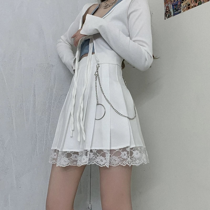 Cute White Black Chain Lace High Waist A-line Pleated Skirt Summer Aesthetic Casual E-Girl Kawaii Korean Japanese Harajuku