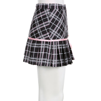 Pink Plaid Stripe Pleated High Waist Mini Skirt