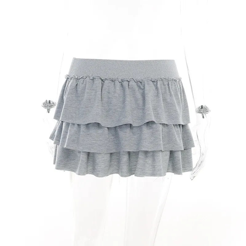 Grey Ruffle Low Rise Pleated Skirt