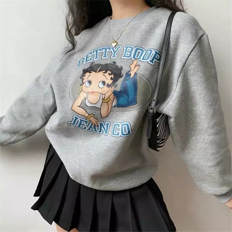 Cute 80s 90s Vintage Cartoon Girl Print Long Sleeve Shirt Hoodie Pullover Sweatshirt Sweater Casual E-Girl Kawaii Korean Japanese Harajuku Streetwear