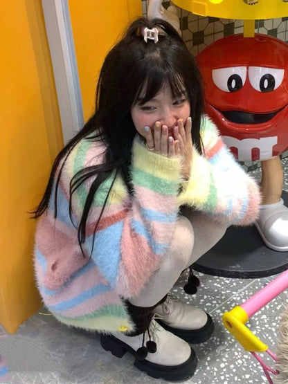 Fluffy Rainbow Stripe Cardigan