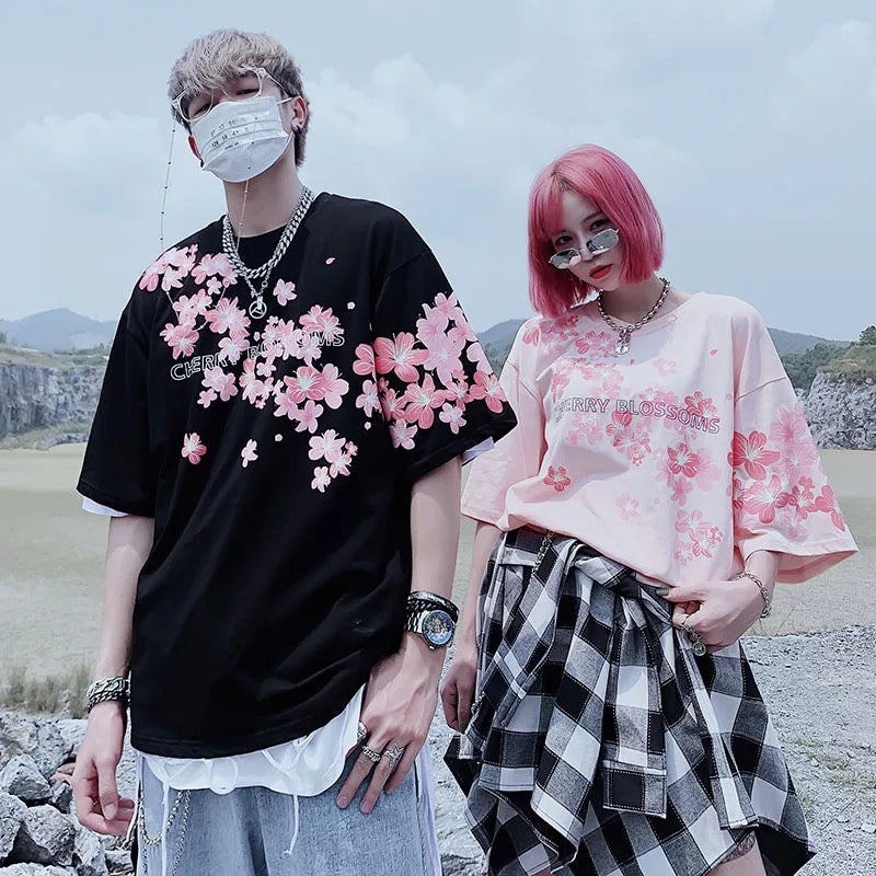 Cute Cherry Blossom Sakura Flower Graphic Print Oversized Short Sleeve Tee Shirt T-shirt Unisex Top E-Girl Kawaii Korean Japanese Harajuku Streetwear