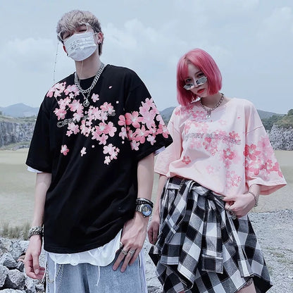 Cute Cherry Blossom Sakura Flower Graphic Print Oversized Short Sleeve Tee Shirt T-shirt Unisex Top E-Girl Kawaii Korean Japanese Harajuku Streetwear