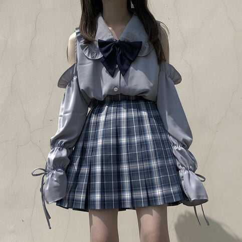Blue Peterpan Collar Bow Lantern Long Sleeve Shirt