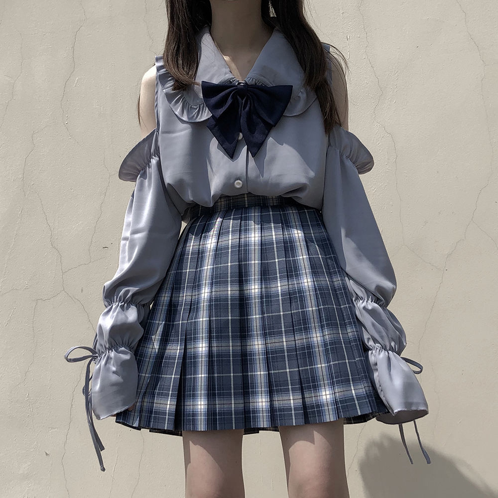 Blue Peterpan Collar Bow Lantern Long Sleeve Shirt