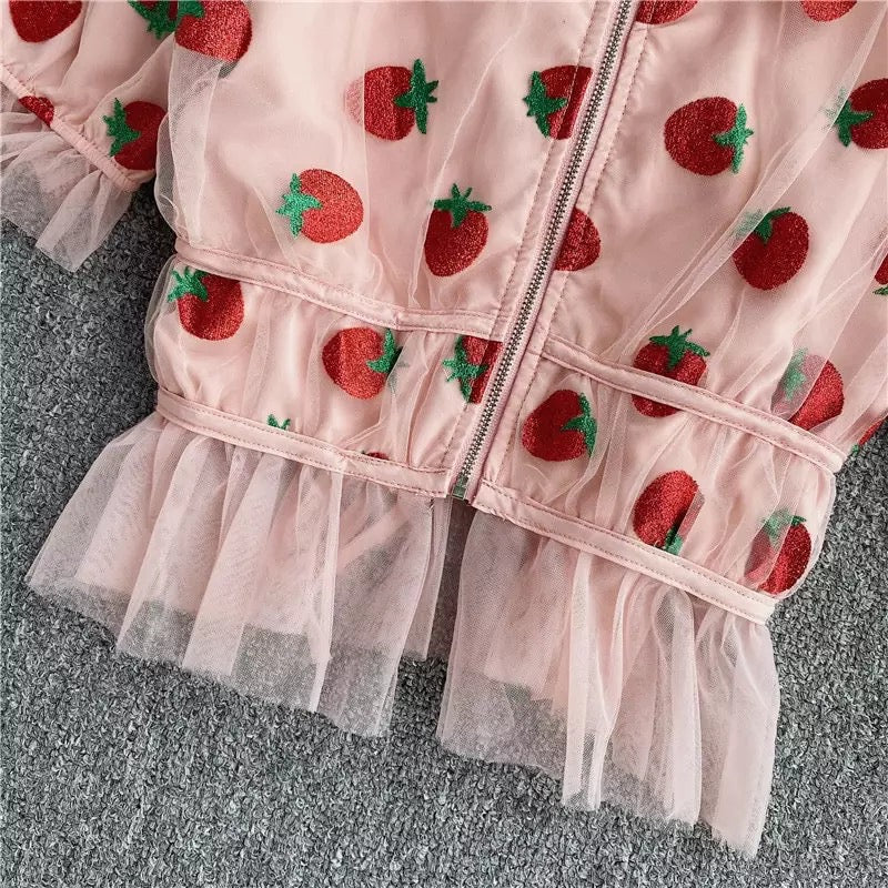 Cute Sexy Pink Strawberry Glitter Sparkle Mesh V Neck Blouse Puff Short Sleeve Shirt Summer Casual E-Girl Kawaii Korean Japanese Harajuku Streetwear