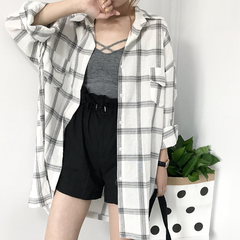 Cute Casual Plaid Flannel Loose Oversized Long Sleeve Shirt Top Boyfriend Baggy E-Girl Kawaii Korean Japanese Harajuku Retro Streetwear