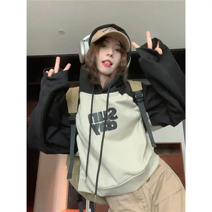 Oversized Sunday Patchwork Cropped Hoodie