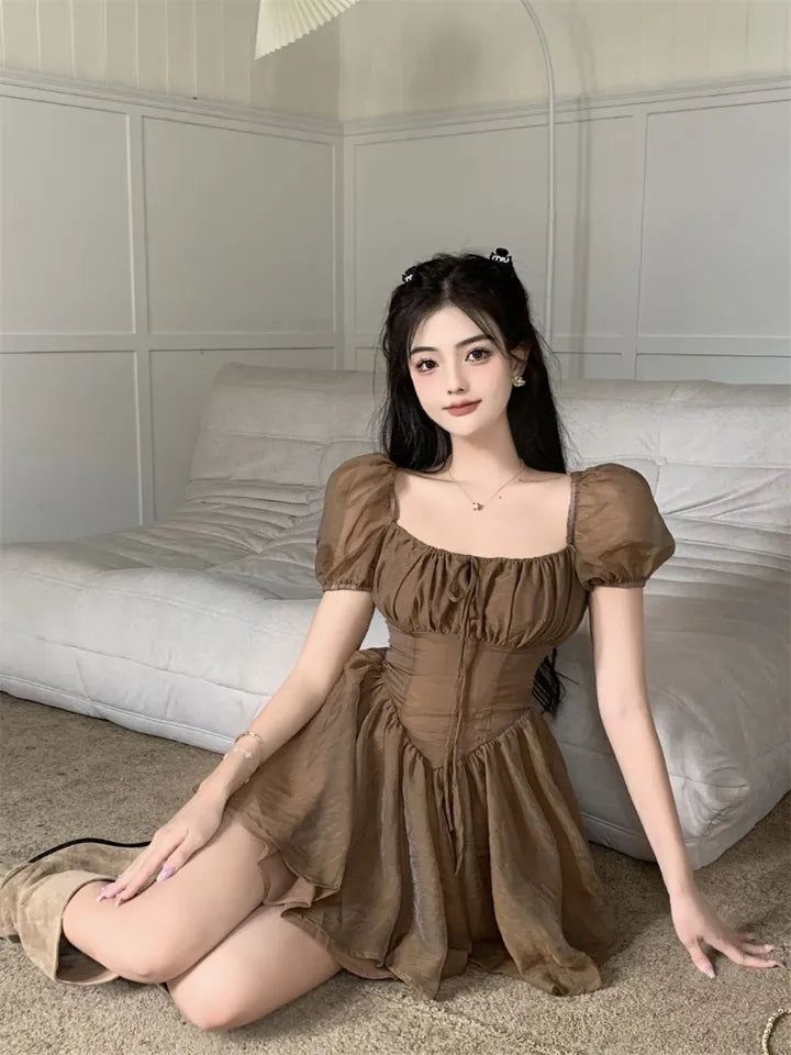 Brown Squares Neck Puff Sleeve Dress