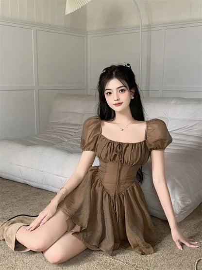 Brown Squares Neck Puff Sleeve Dress