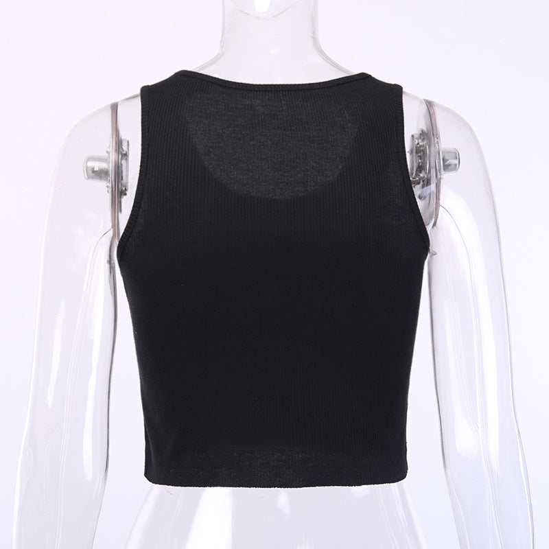 Black Skull Print Knit Ruffle Tank Top Cropped Sleeveless Shirt Causal Goth Punk Causal Summer E-Girl Kawaii Korean Japanese Harajuku Streetwear