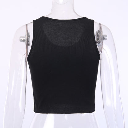 Black Skull Print Knit Ruffle Tank Top Cropped Sleeveless Shirt Causal Goth Punk Causal Summer E-Girl Kawaii Korean Japanese Harajuku Streetwear