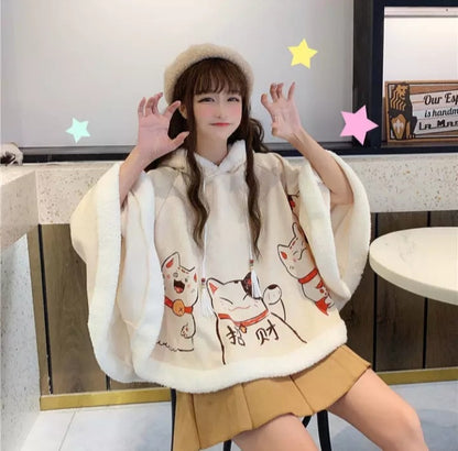 Cute Lucky Cat Ears Cloak Hoodie Pullover Sweatshirt Autumn Winter Aesthetic Casual E-Girl Kawaii Korean Japanese Harajuku