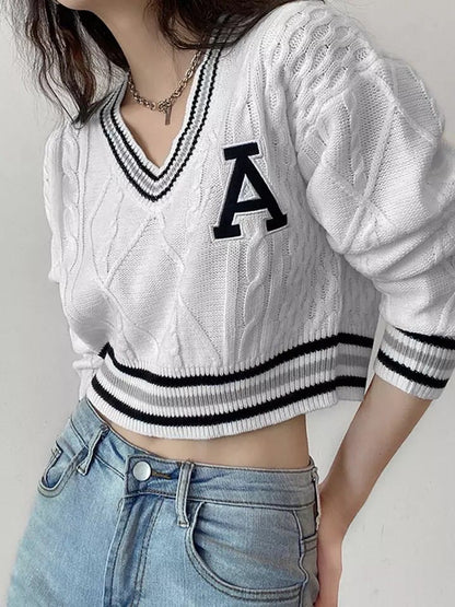 White Varsity V Neck Long Sleeve Crop Top Knit Pullover Sweater Jumper Autumn Aesthetic Casual E-Girl Kawaii Korean Japanese Harajuku