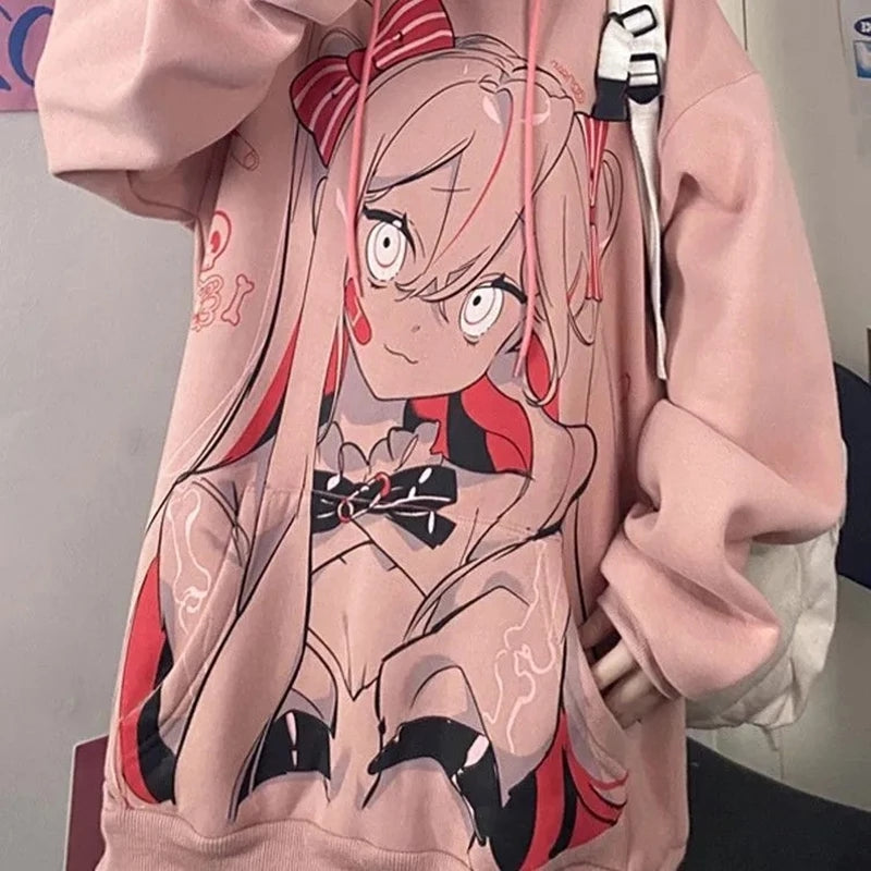 Cute Pink Anime Girl Cartoon Graphic Print Oversized Fleece Hoodie Sweatshirt Aesthetic Casual E-Girl Kawaii Korean Japanese Harajuku