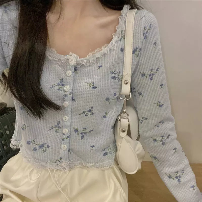 Sweet Floral Lace Chic Cardigan Patchwork Long Sleeve Shirt Crop Top Casual Summer E-Girl Kawaii Korean Japanese Harajuku