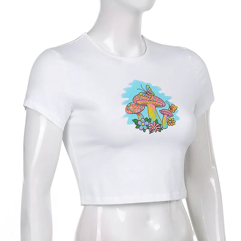 Mushroom Print Cropped Short Sleeve T-shirt