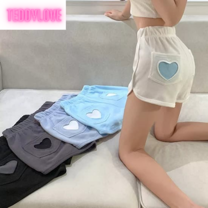 Cute Sweet Love Heart Cut Out High Waisted Shorts loose Gym Bottoms Aesthetic Casual Summer E-Girl Kawaii Korean Japanese Harajuku