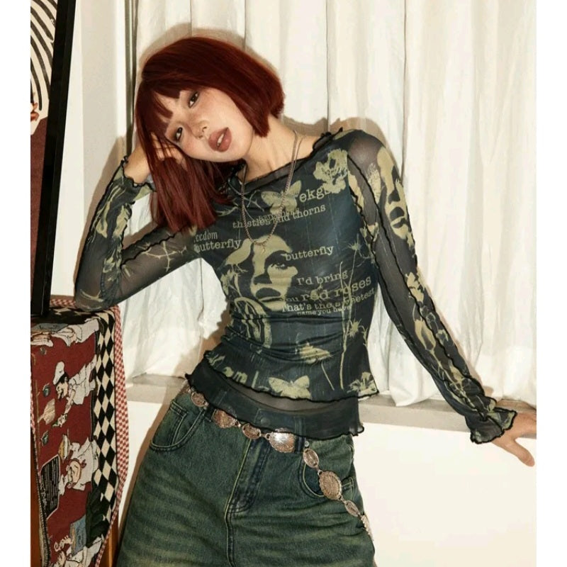 Butterfly Print Mesh Long Sleeve Shirt