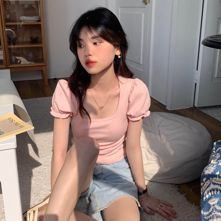 Pink Puff Sleeve Square Collar Top