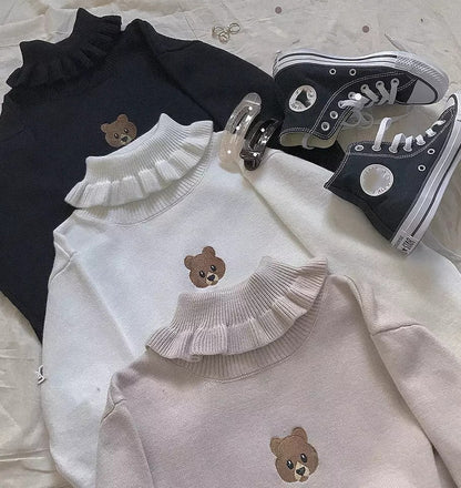 Cute Bear Embroidery Turtleneck Vintage Sweater High Neck Ruffle Pullover Long Sleeve Knit E-Girl Kawaii Korean Japanese Harajuku Streetwear