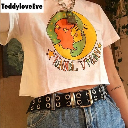 Cute White Girl Cartoon Moon Star Casual Crop Short Sleeve Shirt Tee T-shirt E-Girl Kawaii Korean Japanese Harajuku Chinese Retro Streetwear Aesthetic