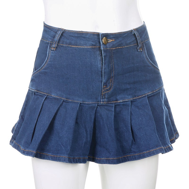 Cute High Waisted Pleated Denim Zipper Mini Skirt Blue Pink Bottoms Club Aesthetic Summer Party E-Girl Kawaii Korean Japanese Harajuku Streetwear