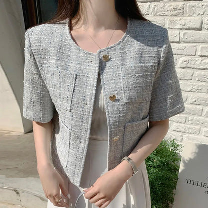 Heart Button Tweed Short Sleeve Blouse