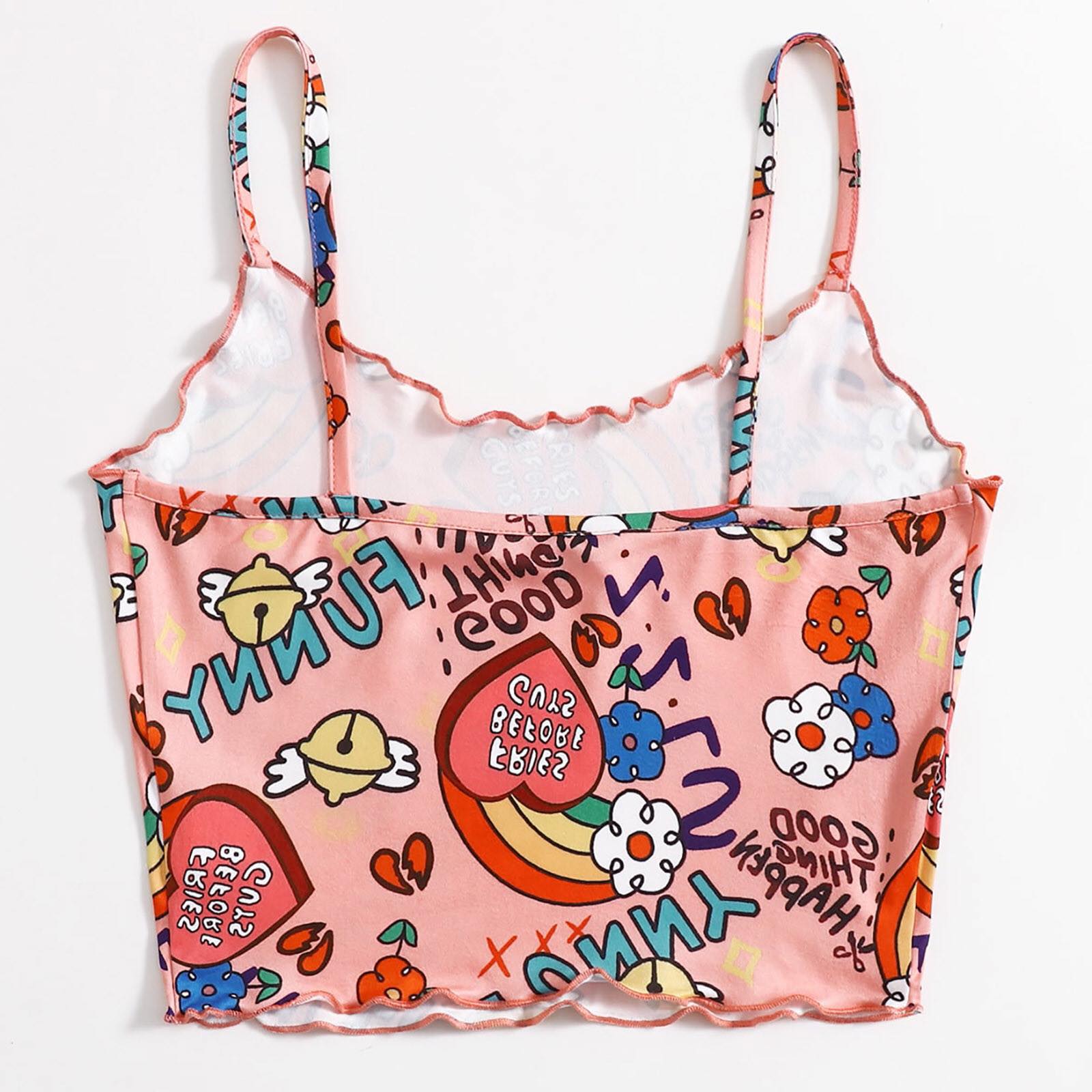 Cute Comic Flower Graphic Print Tank Crop Top Camisole Sleeveless Shirt Summer Casual Aesthetic Goth E-Girl Kawaii Korean Japanese Harajuku Streetwear