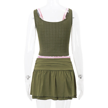2PCS Green & Pink Lace Spaghetti Strap Top + Drawstring Skirt Set