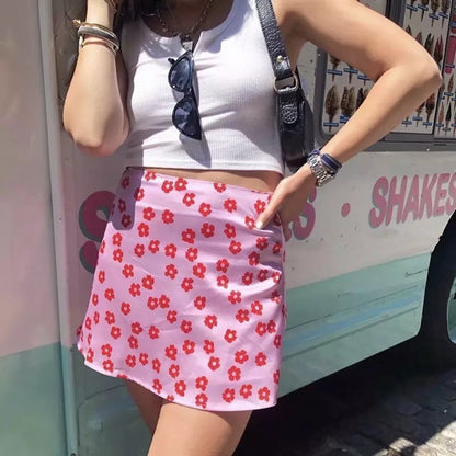 Cute 90s Vintage Pink Flower Floral Elegant A-line Boho Satin High Waisted Skirt Bottoms Aesthetic E-Girl Kawaii Korean Japanese Harajuku Streetwear