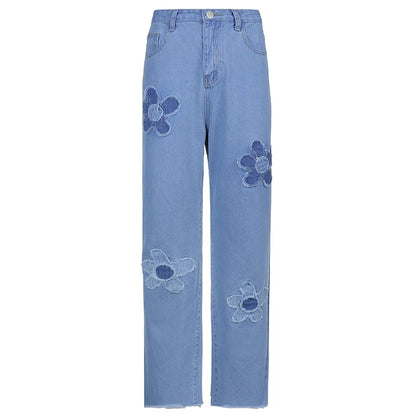 Cute Vintage Floral Patchwork Blue Denim High Waisted Jeans Pants Trouser Aesthetic Casual Summer E-Girl Kawaii Korean Japanese Harajuku