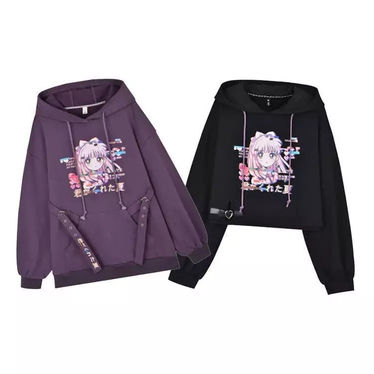 Anime Girl Cartoon Print Graphic Hoodie Long Sleeve Sweatshirt Sweater Pullover Causal Punk Goth E-Girl Kawaii Korean Japanese Harajuku Streetwear