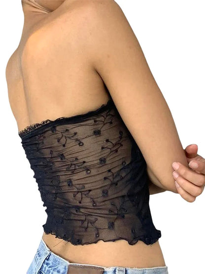 Black Flower Embroidery Lace Tube Top