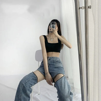 Zipper High Waist Denim Jeans