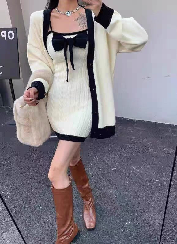 2 Piece White Knit Bow Dress + Sweater
