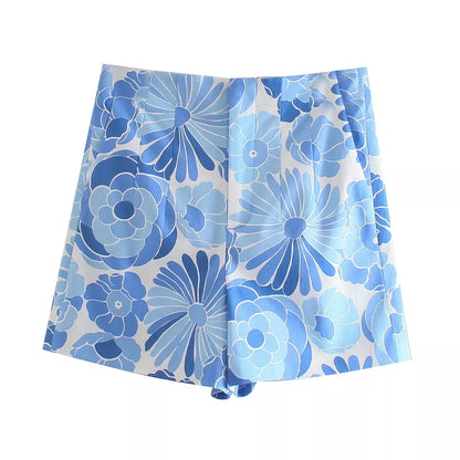 Blue Floral Print High Waisted Shorts
