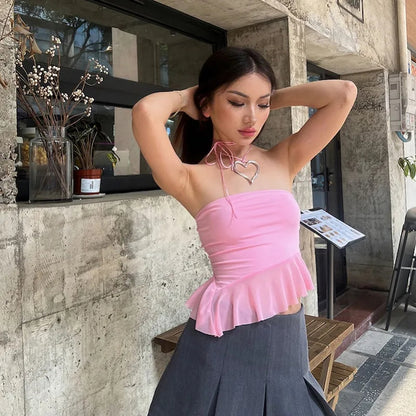 Pink Ruffle Irregular Mesh Tube Top