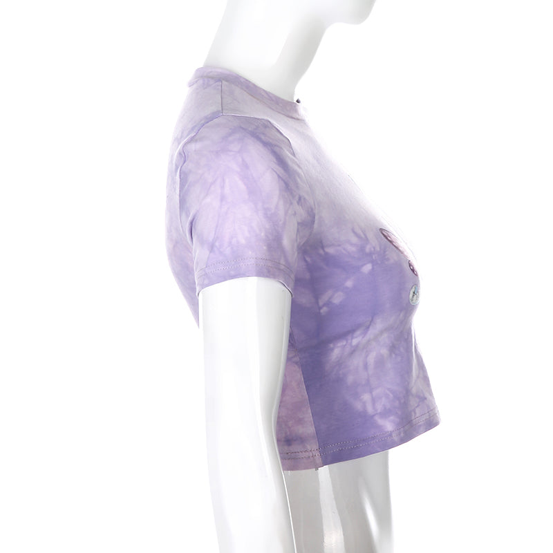 Cute Cat Butterfly Print Purple Sexy Crop Top Tank Short Sleeve Shirt Tee T-shirt Summer Casual E-Girl Kawaii Korean Japanese Harajuku Streetwear