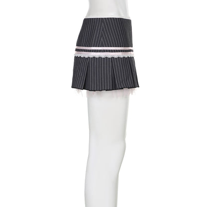 Pink Bow Stripe Fold Lace Up High Waist Skirt