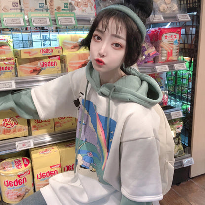 Rainbow Cartoon Print Hoodie Patchwork Loose Drawstring Sweatshirt Sweater Long Sleeve Pullover E-Girl Kawaii Korean Japanese Harajuku Streetwear